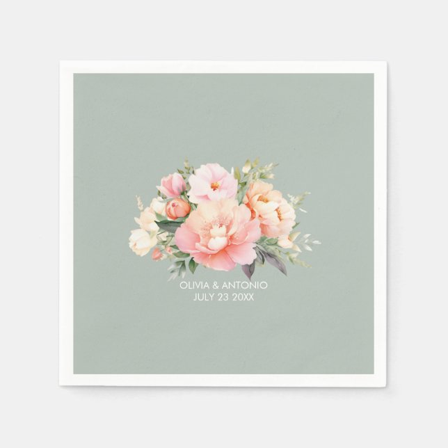 Modern Elegant Watercolor Peony Sage Green Wedding Napkin (Front)