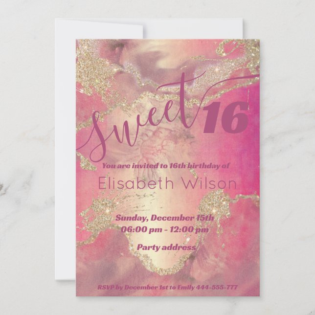 Modern elegant watercolor pink gold sweet 16 invitation (Front)