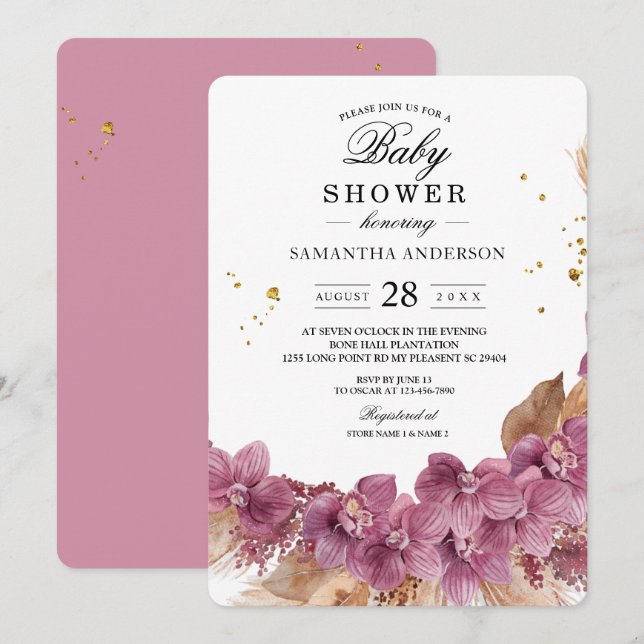 Modern Elegant Watercolor Pink Orchid & Pampas Invitation (Front/Back)