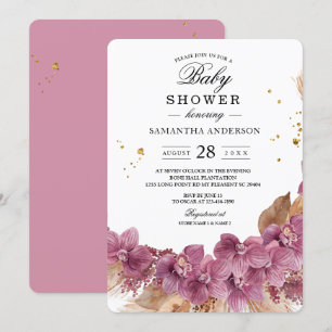 Modern Elegant Watercolor Pink Orchid & Pampas Invitation
