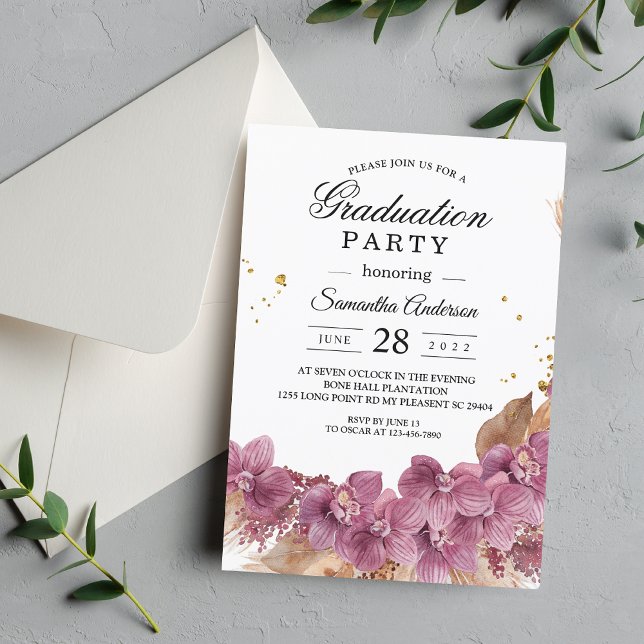 Modern Elegant Watercolor Pink Orchid & Pampas Invitation (Creator Uploaded)