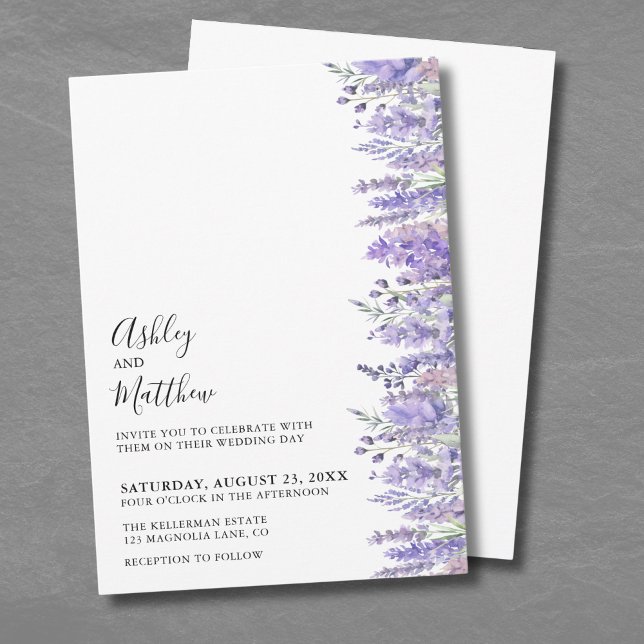 Modern Elegant Watercolor Purple Floral Wedding Invitation (Modern Elegant Watercolor Lavender Floral Wedding Invitation)
