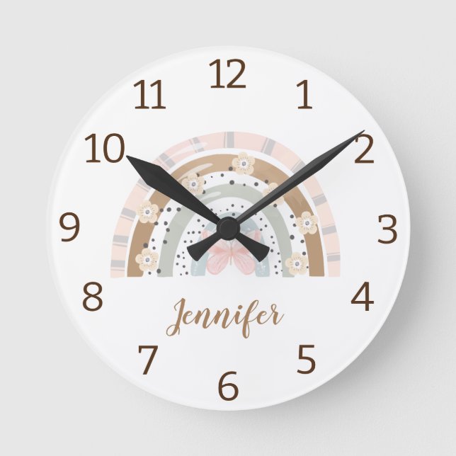 Modern elegant watercolor rainbow personalised cil round clock (Front)