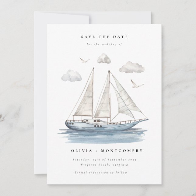 Modern Elegant Watercolor Sailing Yacht  Invitation (Front)