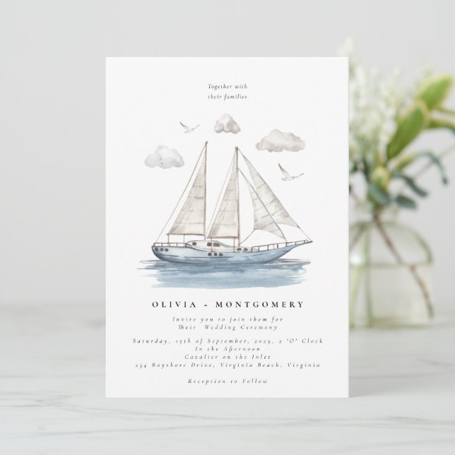 Modern Elegant Watercolor Sailing Yacht Wedding  Invitation (Standing Front)