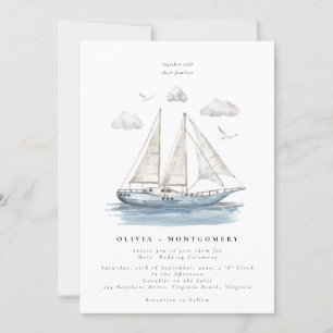 Modern Elegant Watercolor Sailing Yacht Wedding  Invitation
