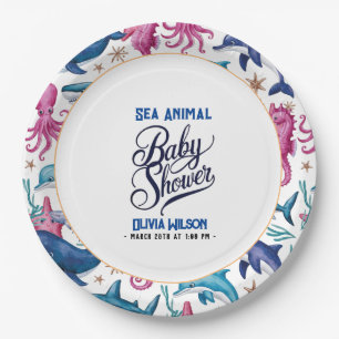 Modern elegant  watercolor Sea animal baby shower5 Paper Plate