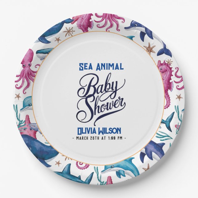 Modern elegant  watercolor Sea animal baby shower5 Paper Plate (Front)