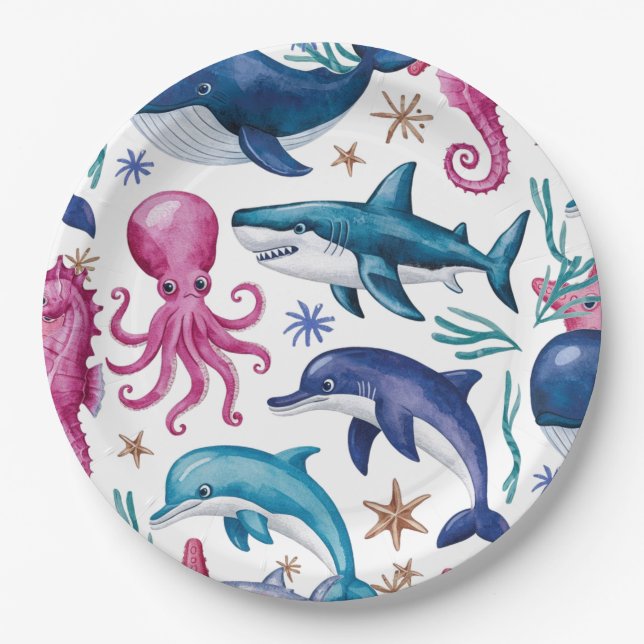 Modern elegant  watercolor Sea animal baby shower6 Paper Plate (Front)