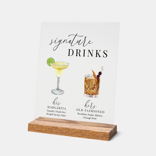 Modern Elegant Watercolor Signature Drinks Acrylic Sign (Angle)