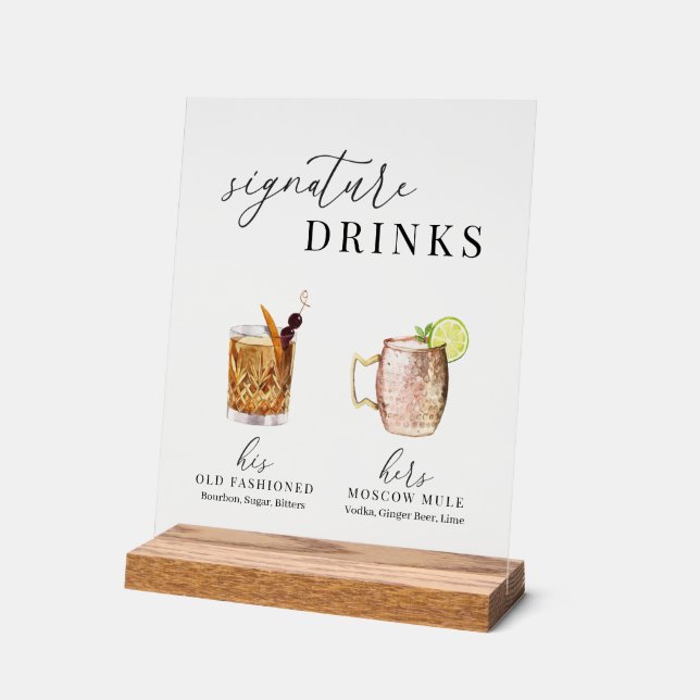 Modern Elegant Watercolor Signature Drinks Acrylic Sign (Angle)