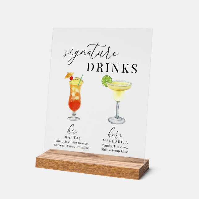 Modern Elegant Watercolor Signature Drinks Acrylic Sign (Angle)