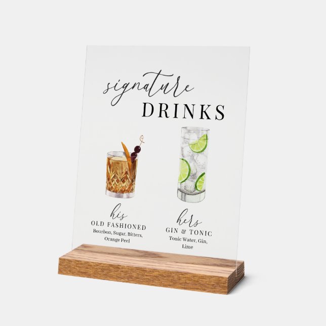 Modern Elegant Watercolor Signature Drinks Acrylic Sign (Angle)