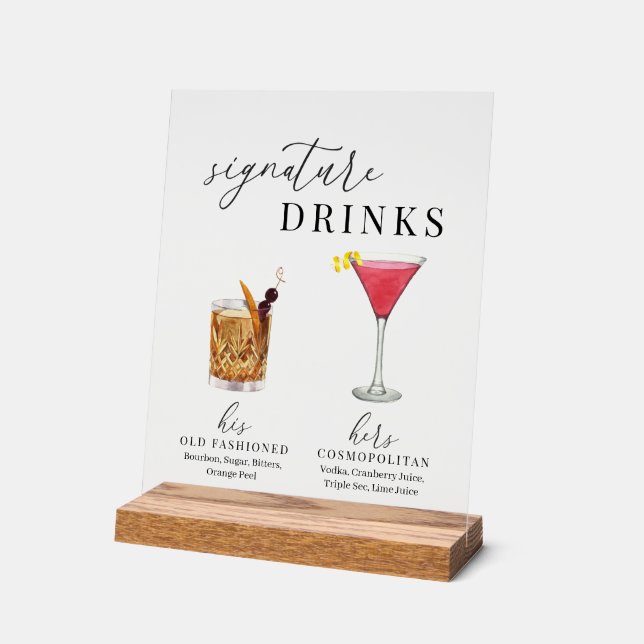 Modern Elegant Watercolor Signature Drinks Acrylic Sign (Angle)