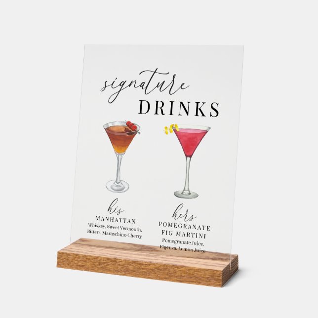 Modern Elegant Watercolor Signature Drinks Acrylic Sign (Angle)