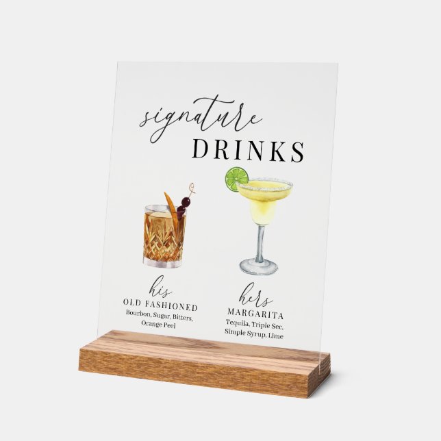 Modern Elegant Watercolor Signature Drinks Acrylic Sign (Angle)