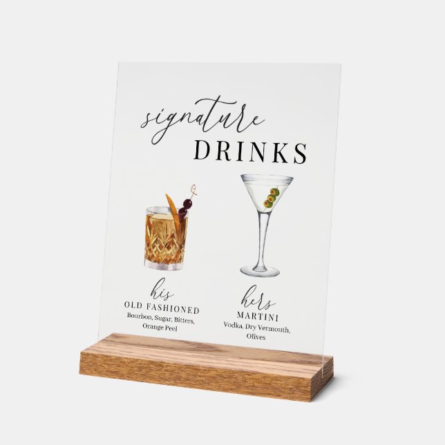 Modern Elegant Watercolor Signature Drinks Acrylic Sign (Angle)