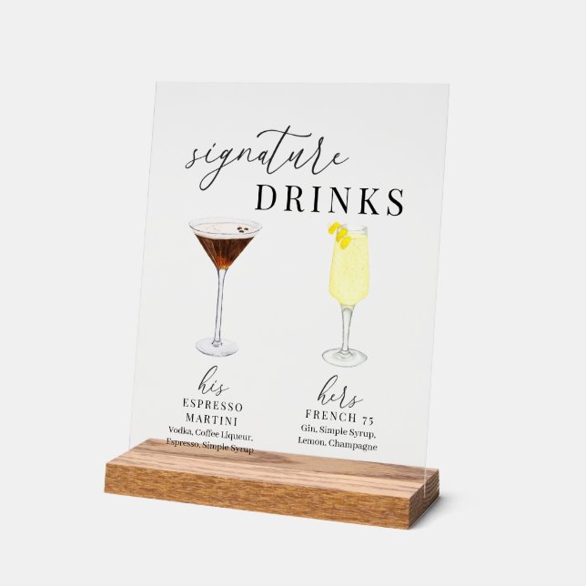 Modern Elegant Watercolor Signature Drinks Acrylic Sign (Angle)