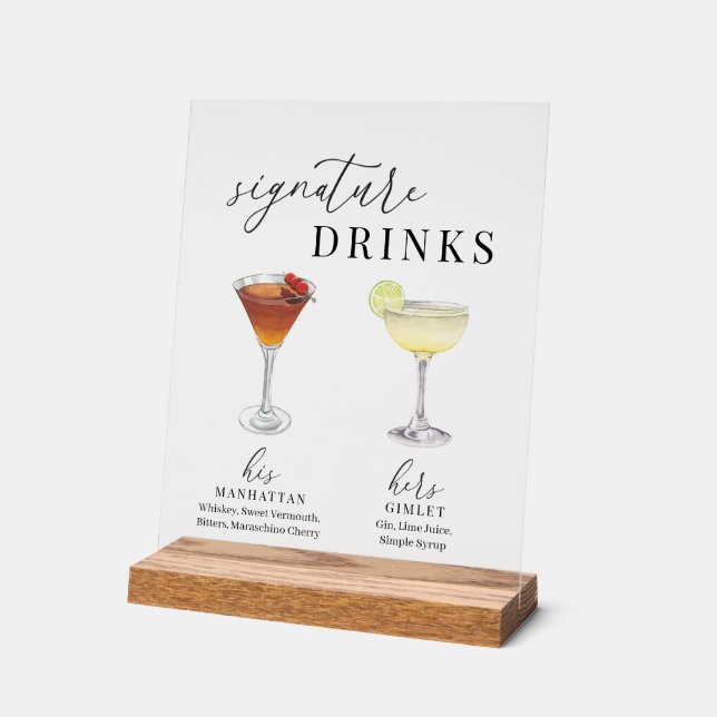 Modern Elegant Watercolor Signature Drinks Acrylic Sign (Angle)