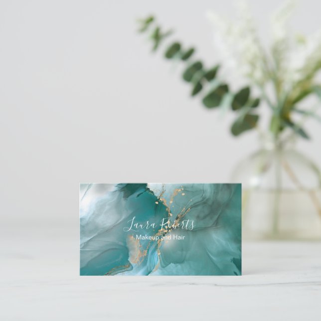 Modern Elegant Watercolor Teal and Gold  Business Card (Standing Front)