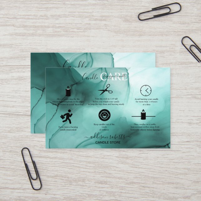 Modern Elegant Watercolor Teal Candle Care    Busi Business Card (Front/Back In Situ)