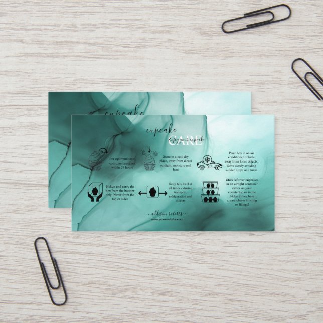 Modern Elegant Watercolor Teal Cupcake Care  Busin Business Card (Front/Back In Situ)