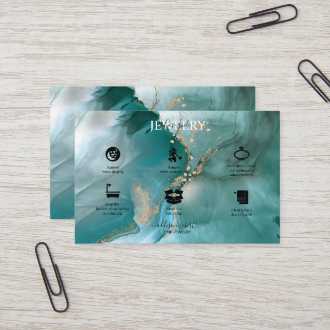 Modern Elegant Watercolor Teal Jewellery Care   Business Card (Front/Back In Situ)