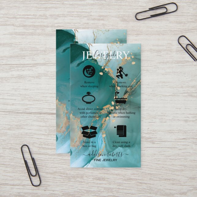 Modern Elegant Watercolor Teal Jewellery Care Business Card (Front/Back In Situ)