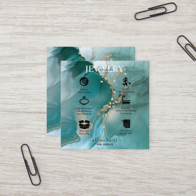 Modern Elegant Watercolor Teal  Jewellery Care  Square Business Card (Front/Back In Situ)
