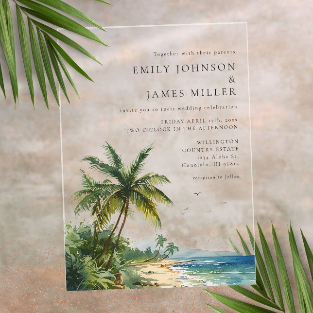 Modern Elegant Watercolor Tropical Beach Wedding Acrylic Invitations (Modern Elegant Watercolor Tropical Beach Wedding Acrylic Invitations)