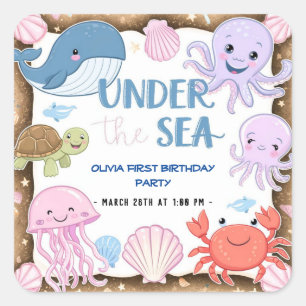 Modern elegant watercolor under the Sea birthday Square Sticker