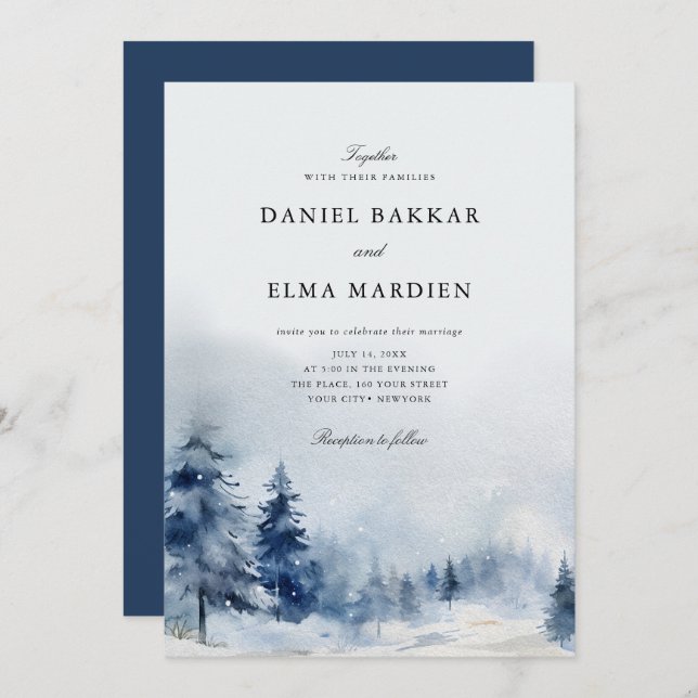 Modern Elegant Watercolor Winter wedding Invitation (Front/Back)