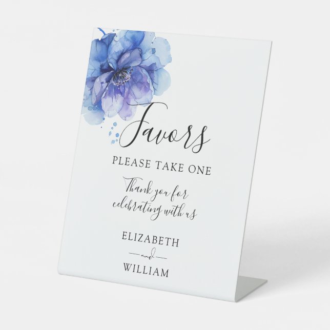 Modern Elegant Watercolour Blue Floral Favors Pedestal Sign (Front)