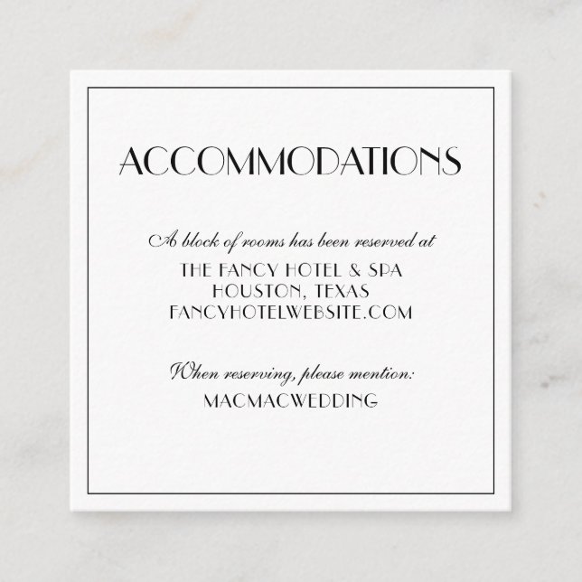 Modern Elegant Wedding Accommodations Photo Enclosure Card (Front)