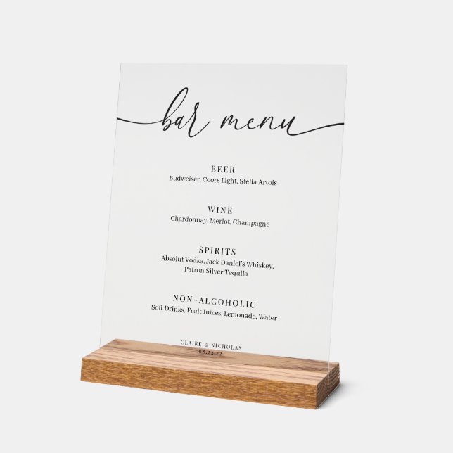 Modern Elegant Wedding Bar Menu Acrylic Sign (Angle)