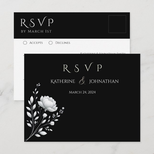 Modern Elegant Wedding Black and White Flower Postcard (Front/Back)
