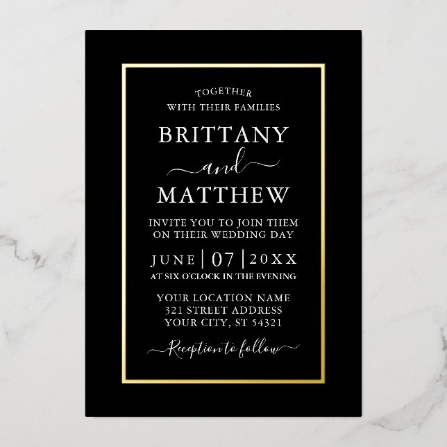 Modern Elegant Wedding Black White Gold Foil (Front)
