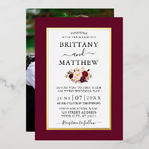 Modern Elegant Wedding Burgundy Floral Photo Gold