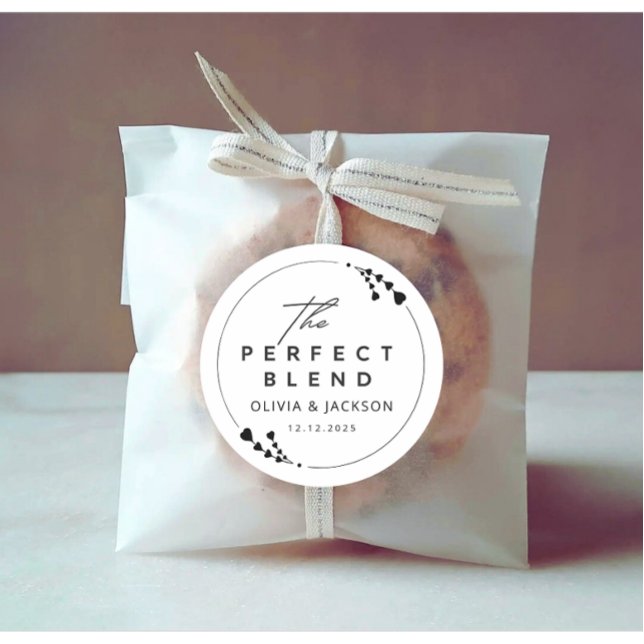 Modern Elegant Wedding Couple Black Text  Classic Round Sticker (Modern custom wedding couple name the perfect blend sticker)