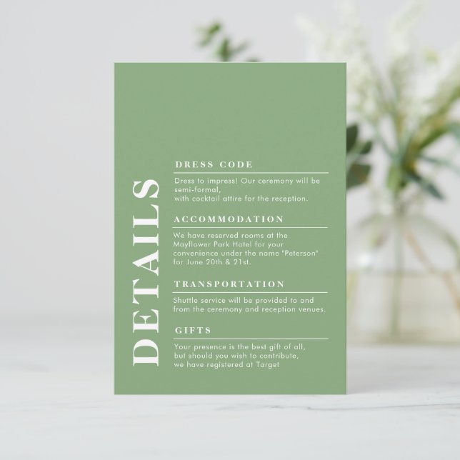 Modern Elegant Wedding Details Pistachio Enclosure Card (Standing Front)