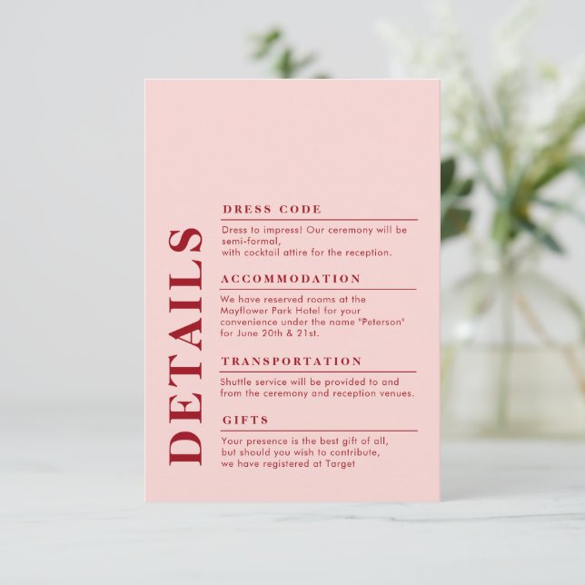 Modern Elegant Wedding Details Red & Pink Enclosure Card (Standing Front)
