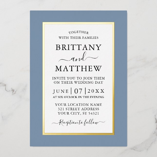 Modern Elegant Wedding Dusty Blue Gold (Front)