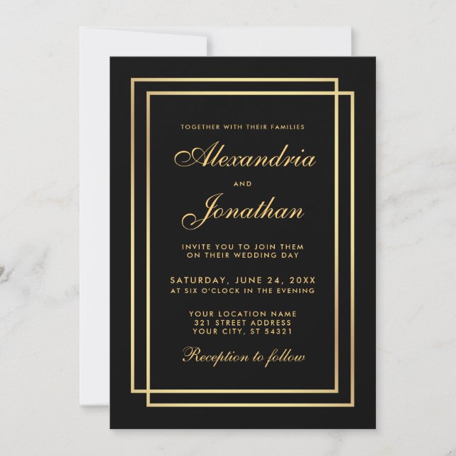 Modern Elegant Wedding Gold Black White Invitation (Front)