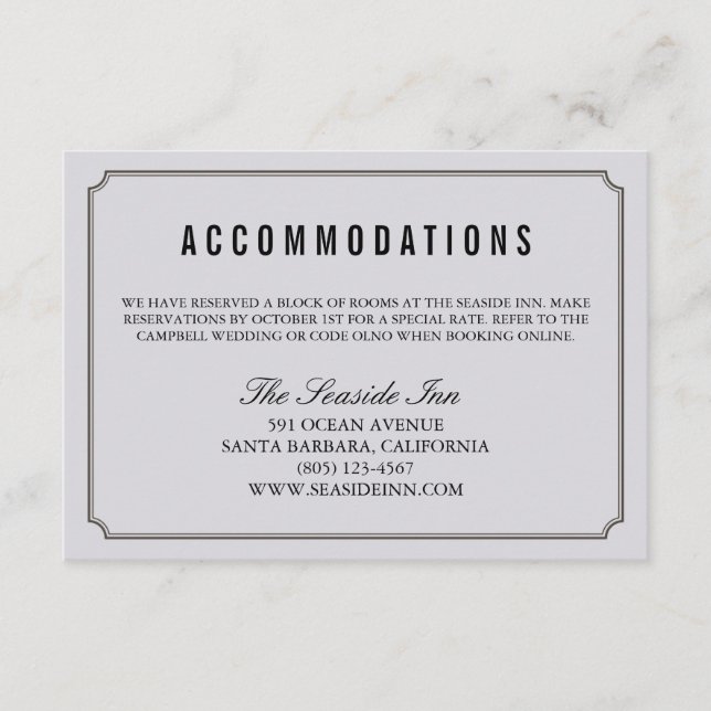 Modern Elegant Wedding Hotel Accomodation Card (Front)