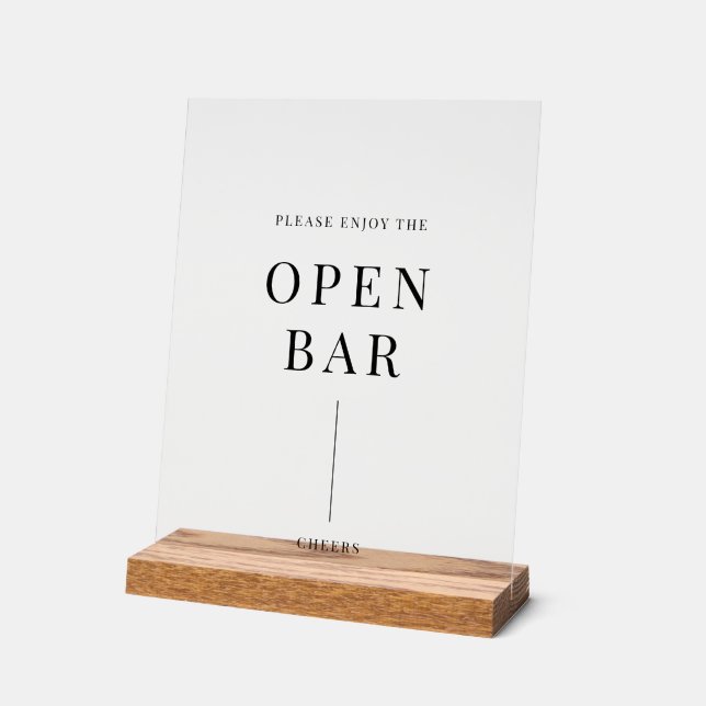 Modern Elegant Wedding Open Bar Acrylic Sign (Angle)