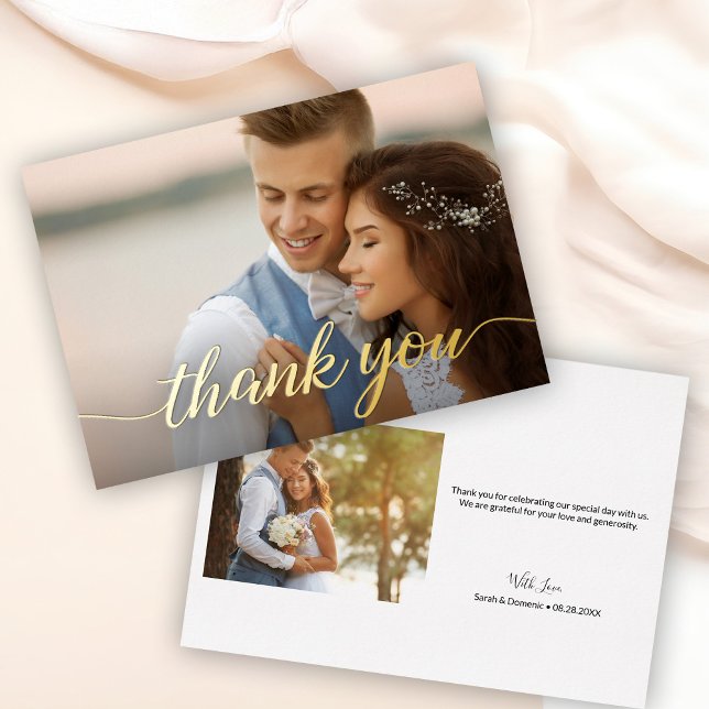 Modern elegant Wedding photos Custom message  Foil Holiday Card (Elegant and modern script, real gold metallic foil wedding thank you photo cards.)
