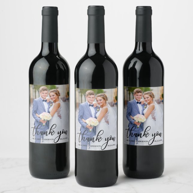 Modern Elegant Wedding Thank You Bride Groom Photo Wine Label (Bottles)