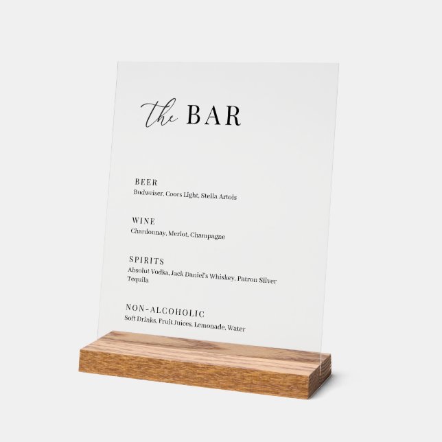 Modern Elegant Wedding The Bar Menu Acrylic Sign (Angle)