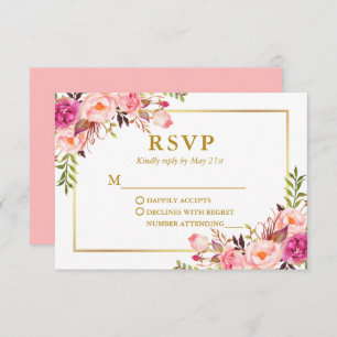 Modern Elegant Wedding Watercolor Pink Floral RSVP Card