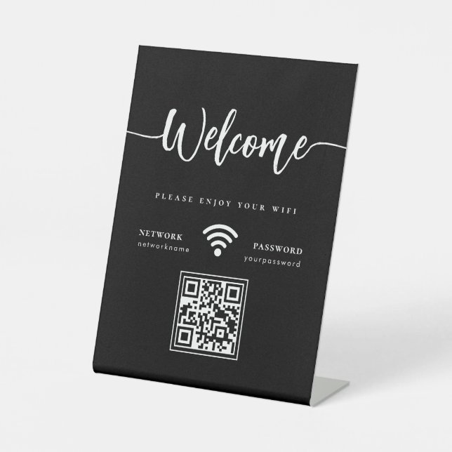 Modern Elegant Welcome Script WIFI QR Code Black Pedestal Sign (Front)